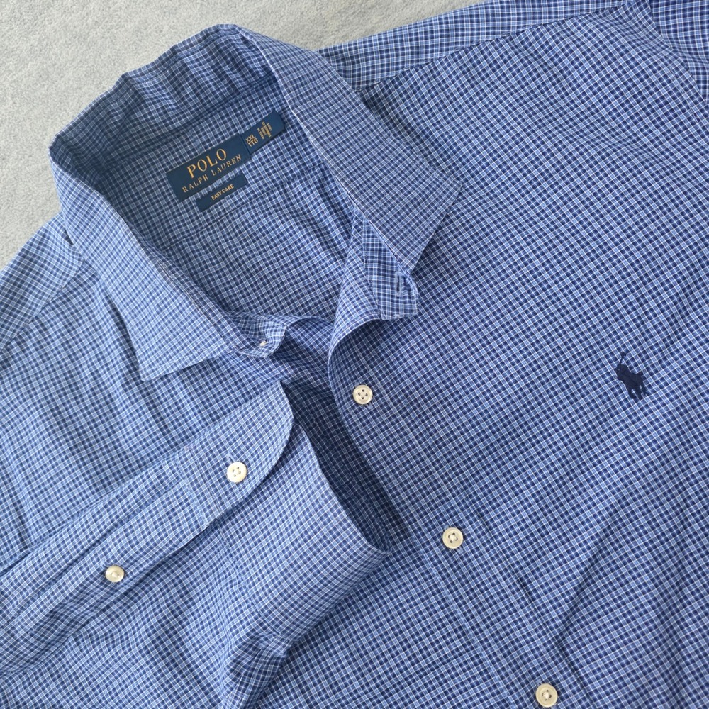 Polo Ralph Lauren Mens XXL Blue Micro Check Easy Care Cotton Button Down Shirt